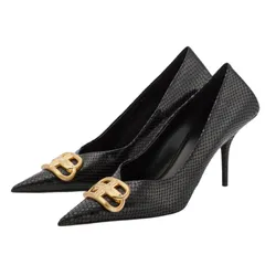 Giày Cao Gót Nữ Balenciaga Square Knife BB Croc-effect Leather Pumps Màu Đen Size 36.5
