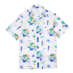 Áo Sơ Mi Cộc Tay Nam Lacoste Print Cotton Voile Hawaiian Shirt CH2610 - SBH Màu Trắng/Xanh Size 38