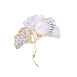 Cài Áo Nữ Meri Ginkgo Leaves & Pearls BR796 Màu Vàng/Trắng