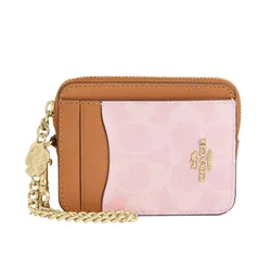 Ví Nữ Coach Zip Card Case In Signature Canvas With Charm CEC50 Màu Hồng Nâu