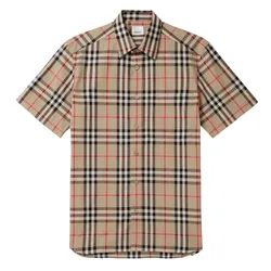 Áo Sơ Mi Cộc Tay Nam Burberry Checked Cotton-Poplin Shirt Màu Be Kẻ Size XS