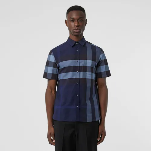 Áo Sơ Mi Burberry Short-sleeve Check Stretch Cotton Shirt Bright Navy Size M