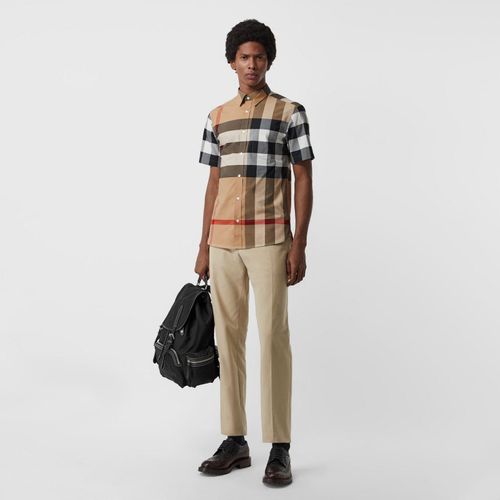 Áo Sơ Mi Burberry Short-sleeve Check Stretch Cotton Shirt Camel Size M-1