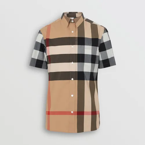 Áo Sơ Mi Burberry Short-sleeve Check Stretch Cotton Shirt Camel Size S