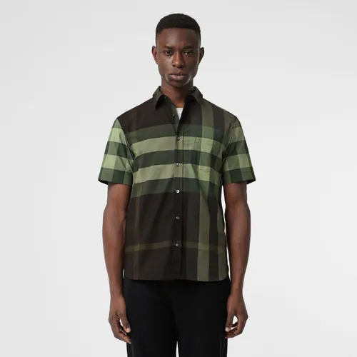 Áo Sơ Mi Burberry Short-sleeve Check Stretch Cotton Shirt Dark Forest Green Size XS