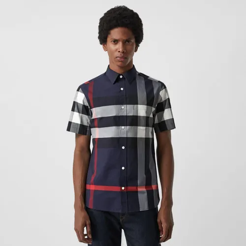 Áo Sơ Mi Burberry Short-sleeve Check Stretch Cotton Shirt Navy Size XS
