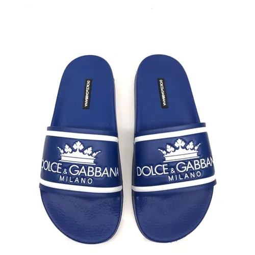Dép Dolce & Gabbana D&G Printed Calfskin And Rubber Sliders Màu Xanh Dương