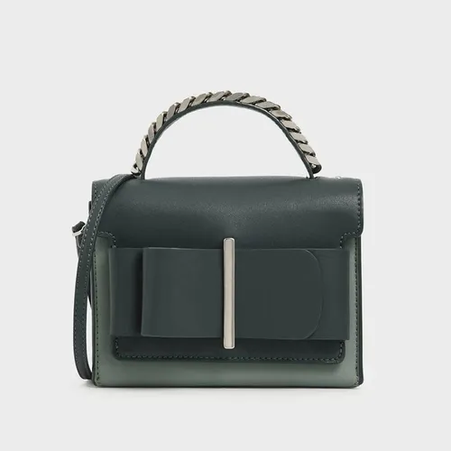 Túi Cầm Tay Nữ Charles & Keith CNK Chunky Metal Top Handle Bow Flap Bag 50680795-1 Màu Xanh