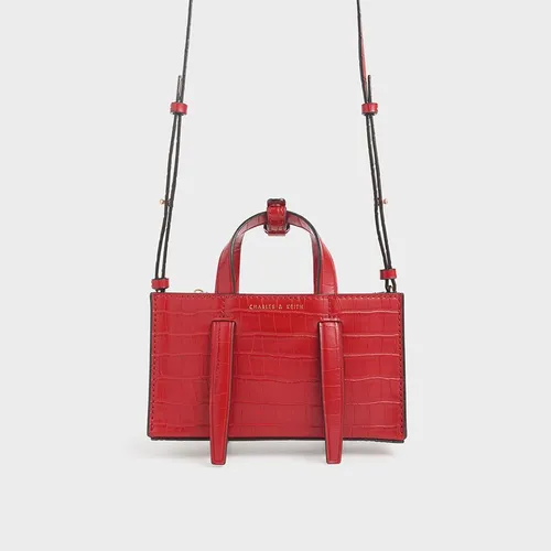 Túi Đeo Chéo Nữ Charles & Keith CNK Croc-Effect Double Top Handle Bag Màu Đỏ