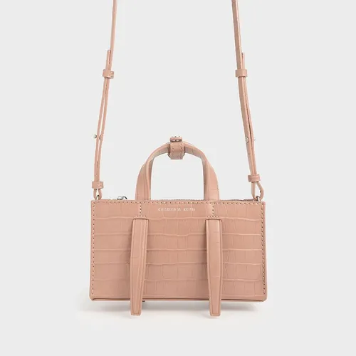 Túi Đeo Chéo Nữ Charles & Keith CNK Croc-Effect Double Top Handle Bag CK2-50270471 Màu Hồng Nhạt