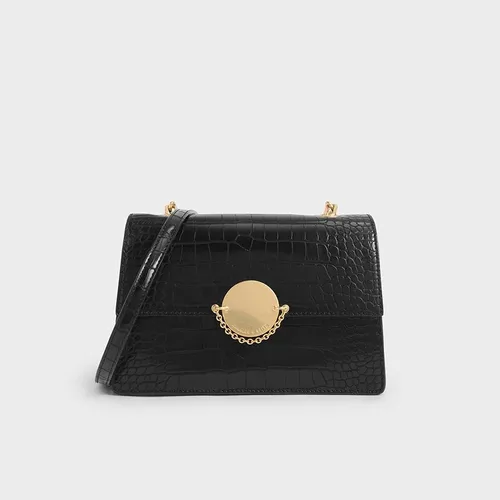 Túi Đeo Chéo Nữ Charles & Keith CNK Croc-Effect Chain Link Crossbody Bag 80270441-1 Màu Đen