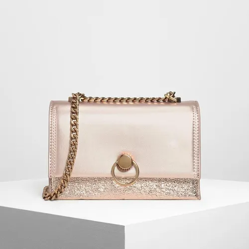 Túi Đeo Vai Nữ Charles & Keith CNK Metallic Ring Push Lock Bag Màu Hồng