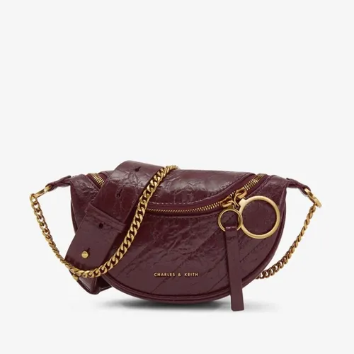 Túi Đeo Vai Nữ Charles & Keith CNK Wrinkled Patent Ring Zip Tassel Crossbody Bag CK2-80150844 Màu Đỏ Mận