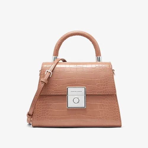 Túi Xách Tay Nữ Charles & Keith CNK Croc-Effect Structured Sculptural Bag 50781127 Màu Nâu Nhạt