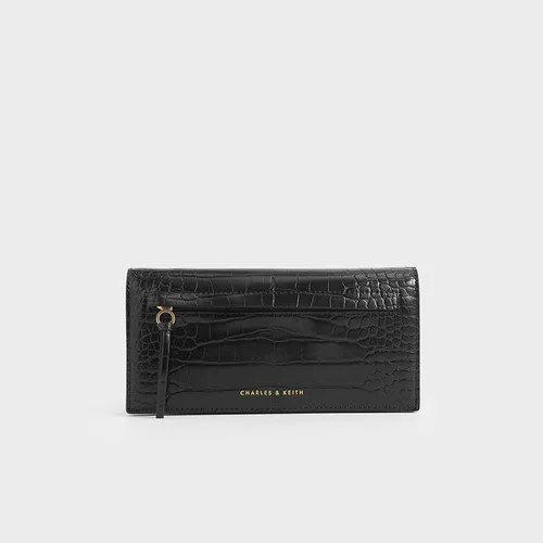 Ví Cầm Tay Nữ Charles & Keith CNK Mini Croc-Effect Front Zip Long Wallet 10770403 Màu Đen