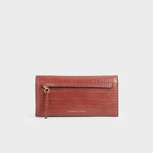Ví Cầm Tay Nữ Charles & Keith CNK Mini Croc-Effect Front Zip Long Wallet 10770403 Màu Nâu Đỏ
