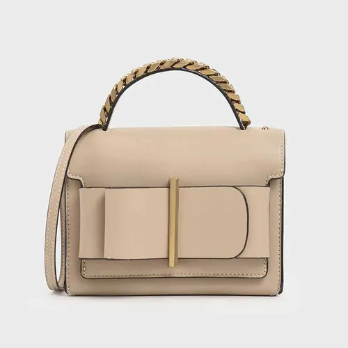 Túi Cầm Tay Nữ Charles & Keith CNK Chunky Metal Top Handle Bow Flap Bag CK2-50680795-1 Màu Be
