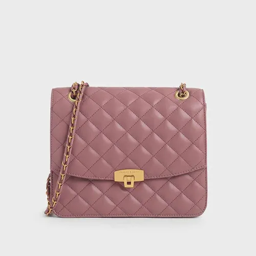 Túi Đeo Chéo Nữ Charles & Keith CNK Quilted Push-Lock Clutch CK2-70150587 Màu Hồng Rose