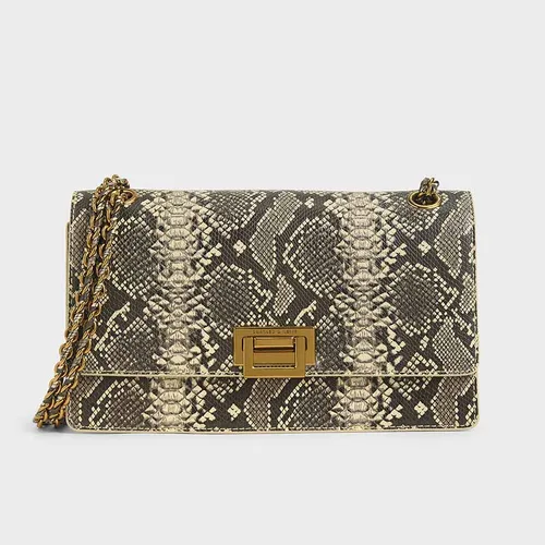 Túi Xách Nữ Charles & Keith CNK Snake Print Chain Strap Shoulder Bag 20840206 Họa Tiết Da Rắn