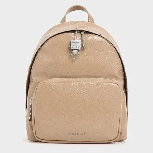Balo Nữ Charles & Keith CNK Robot Charm Wrinkled Patent Backpack Màu Be