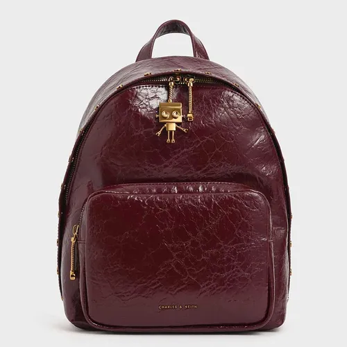 Balo Nữ Charles & Keith CNK Robot Charm Wrinkled Patent Backpack Màu Đỏ