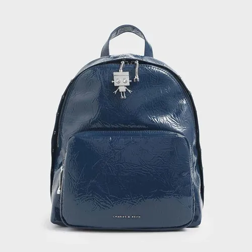 Balo Nữ Charles & Keith CNK Robot Charm Wrinkled Patent Backpack Xanh Navy