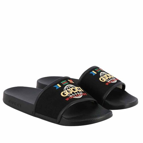 Dép Gucci Pursuit Sandal In Nylon With Embroidered Worldwide Logo Màu Đen-2