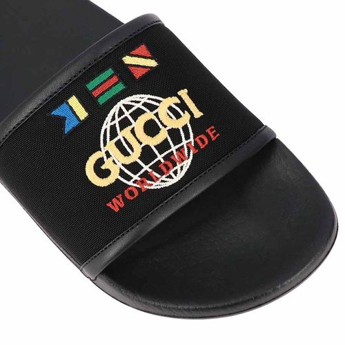 Dép Gucci Pursuit Sandal In Nylon With Embroidered Worldwide Logo Màu Đen-4