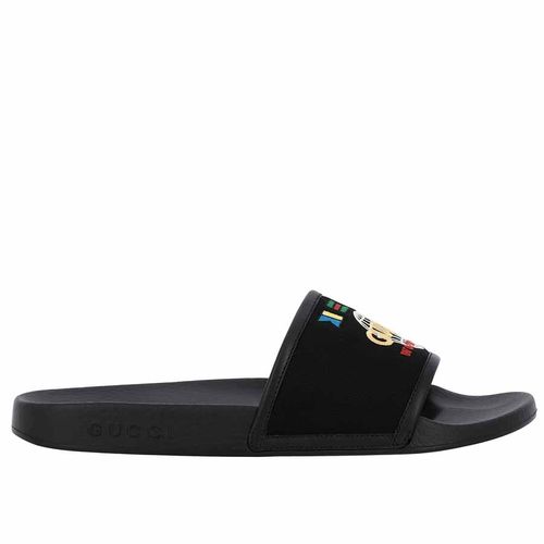 Dép Gucci Pursuit Sandal In Nylon With Embroidered Worldwide Logo Màu Đen-5