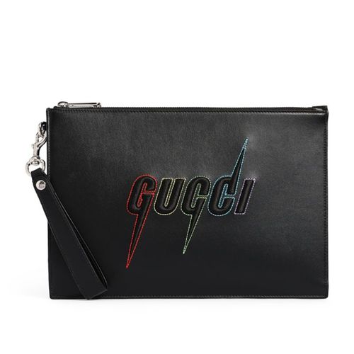 Túi Gucci Leather Embroidered Logo Pouch In 1058 Black Màu Đen