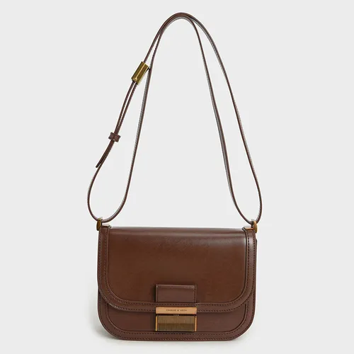 Túi Đeo Chéo Nữ Charles & Keith CNK Metallic Push-Lock Crossbody Bag 80781400 Màu Nâu