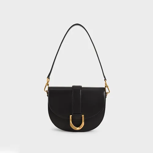Túi Đeo Vai Nữ Charles & Keith CNK Metallic Buckle Saddle Bag Màu Đen Size 23cm