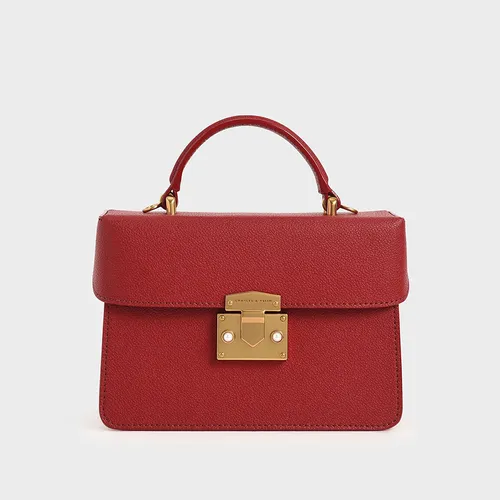 Túi Xách Tay Nữ Charles & Keith CNK Metallic Push-Lock Boxy Bag 50701101-4 Red Màu Đỏ