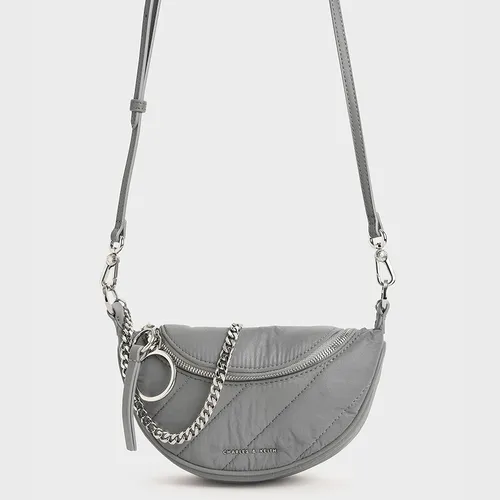 Túi Xách Nữ Charles & Keith CNK Nylon Wrinkled-Effect Saddle Bag CK2-80151004-2 Màu Xám