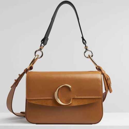 Túi Đeo Vai Chloé C Small Double Carry Bag In Shiny & Suede Calfskin Màu Vàng Nâu