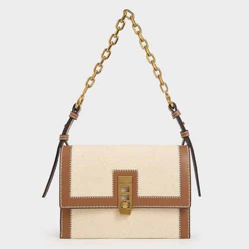Túi Nữ Charles & Keith CNK Canvas Turn-Lock Chain Handle Bag CK2-50270644 Màu Be
