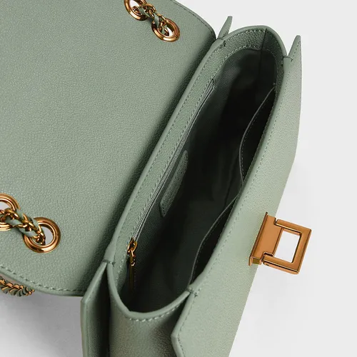 Túi Đeo Vai Nữ Charles & Keith CNK Metallic Push-Lock Shoulder Bag Sage Green CK2-20840315 Màu Xanh Xám