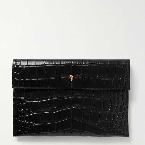Túi Cầm Tay Alexander Mcqueen Envelope Croc-Effect Leather Pouch Black Màu Đen