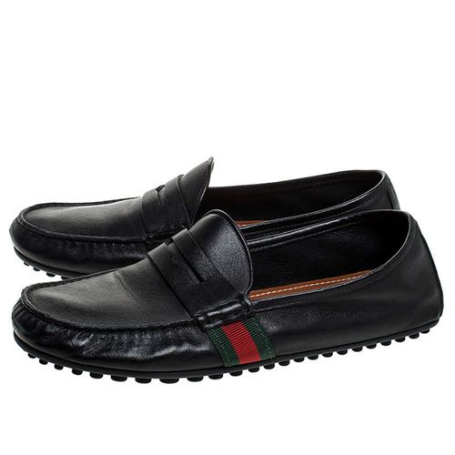 Giày Lười Gucci Black Leather Web Penny Loafers Màu Đen Size 40.5