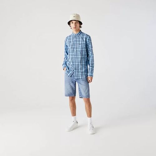 Áo Sơ Mi Dài Tay Lacoste Men's Regular Fit Check Cotton Poplin Shirt Kẻ Xanh Size 38-2