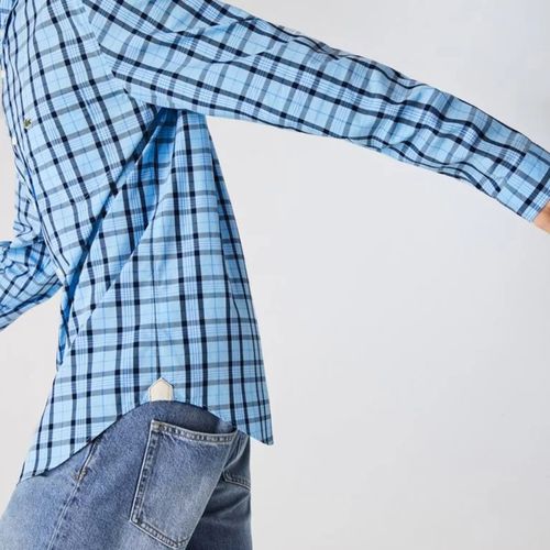 Áo Sơ Mi Dài Tay Lacoste Men's Regular Fit Check Cotton Poplin Shirt Kẻ Xanh Size 38-6