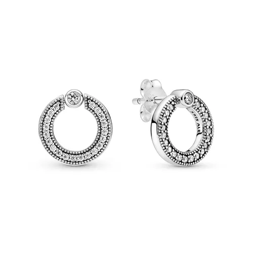 Khuyên Tai Bạc Pandora Pavé & Logo Circle Logo Tròn Đính Đá