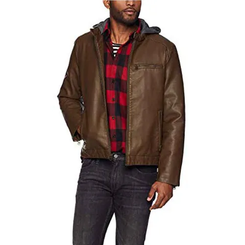 Thời trang - Áo Khoác Da Nam Levi's Rugged Faux Leather Racer Jacket With Hood Brown Màu Nâu - Vua Hàng Hiệu