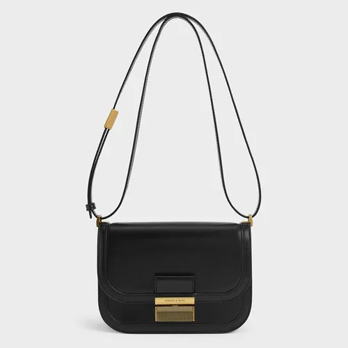 Túi Đeo Chéo Nữ Charles & Keith CNK Metallic Push-Lock Crossbody Bag CK2-80781599-1 Màu Đen