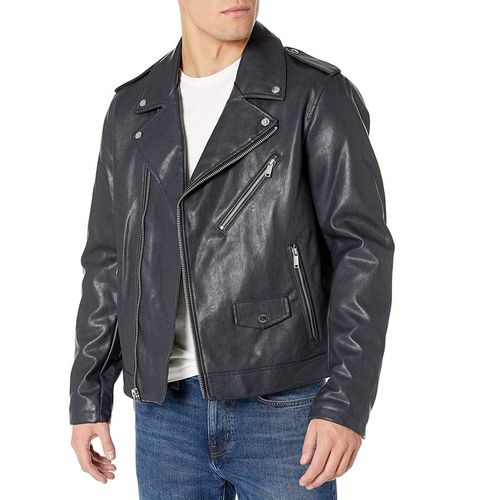 Áo Khoác Da Nam DKNY Classic Asymmetrical Faux Leather Motorcycle Jacket Màu Xanh Navy
