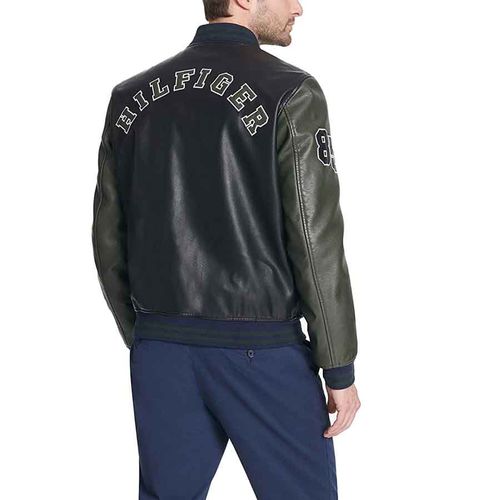 Áo Khoác Da Nam Tommy Hilfiger Faux Leather Varsity Logo Bomber Jacket Màu Đen Xanh-2