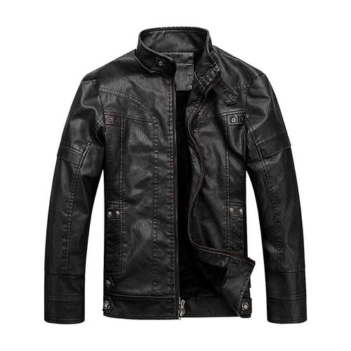 Áo Khoác Da Nam WULFUL Vintage Stand Collar Leather Jacket Motorcycle PU Faux Leather Outwear Black2 Màu Đen