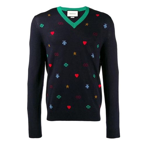 Áo Len Gucci Navy Wool GG Symbol Logos Wool Fine Knit V-Neck Sweater Top Size M