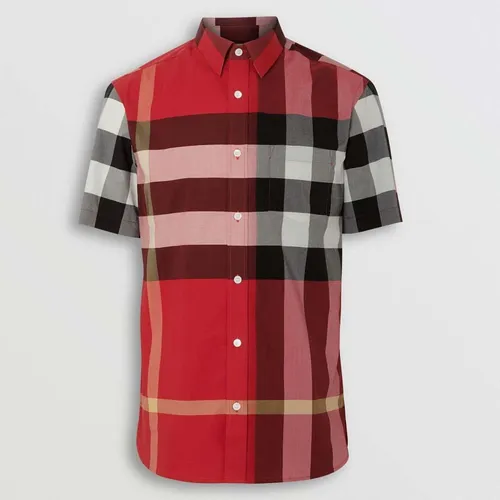 Áo Sơ Mi Burberry Short-sleeve Check Stretch Cotton Shirt Parade Red Size M
