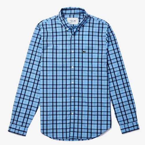 Áo Sơ Mi Dài Tay Lacoste Men's Regular Fit Check Cotton Poplin Shirt Kẻ Xanh Size 38